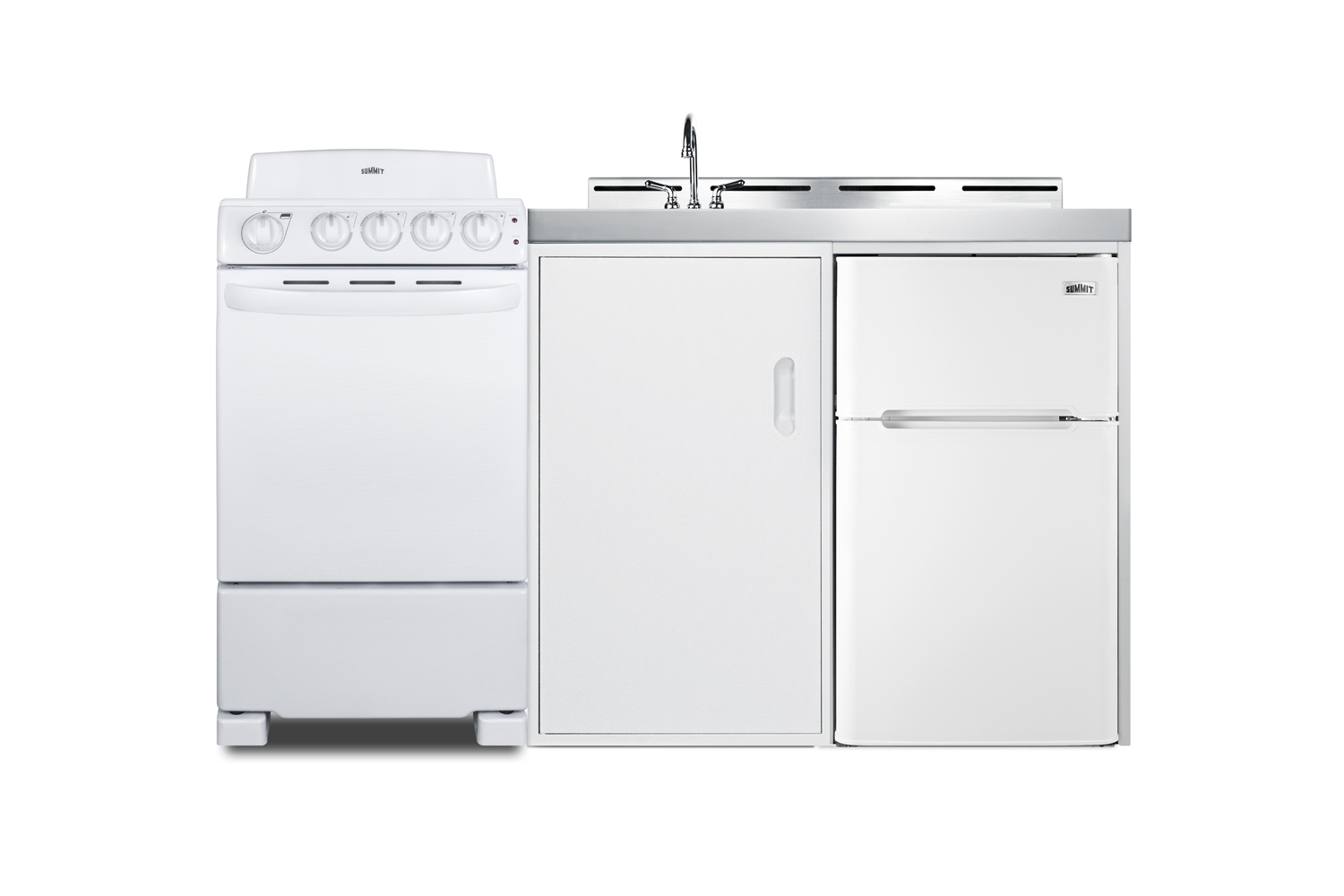 60 inch wide all-in-one kitchenette with 220V 4-element electric coil range, refrigerator-freezer, sink, cutting board and cutlery storage, and a storage cabinet